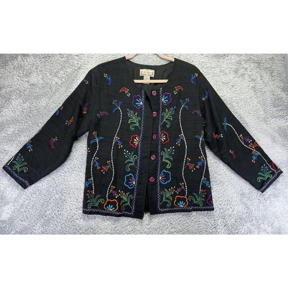 Life Styles Jackets & Blazers - Vintage Silk Blend Black Lined Blazer Jacket Embroidered‎ Floral Art To Wear S